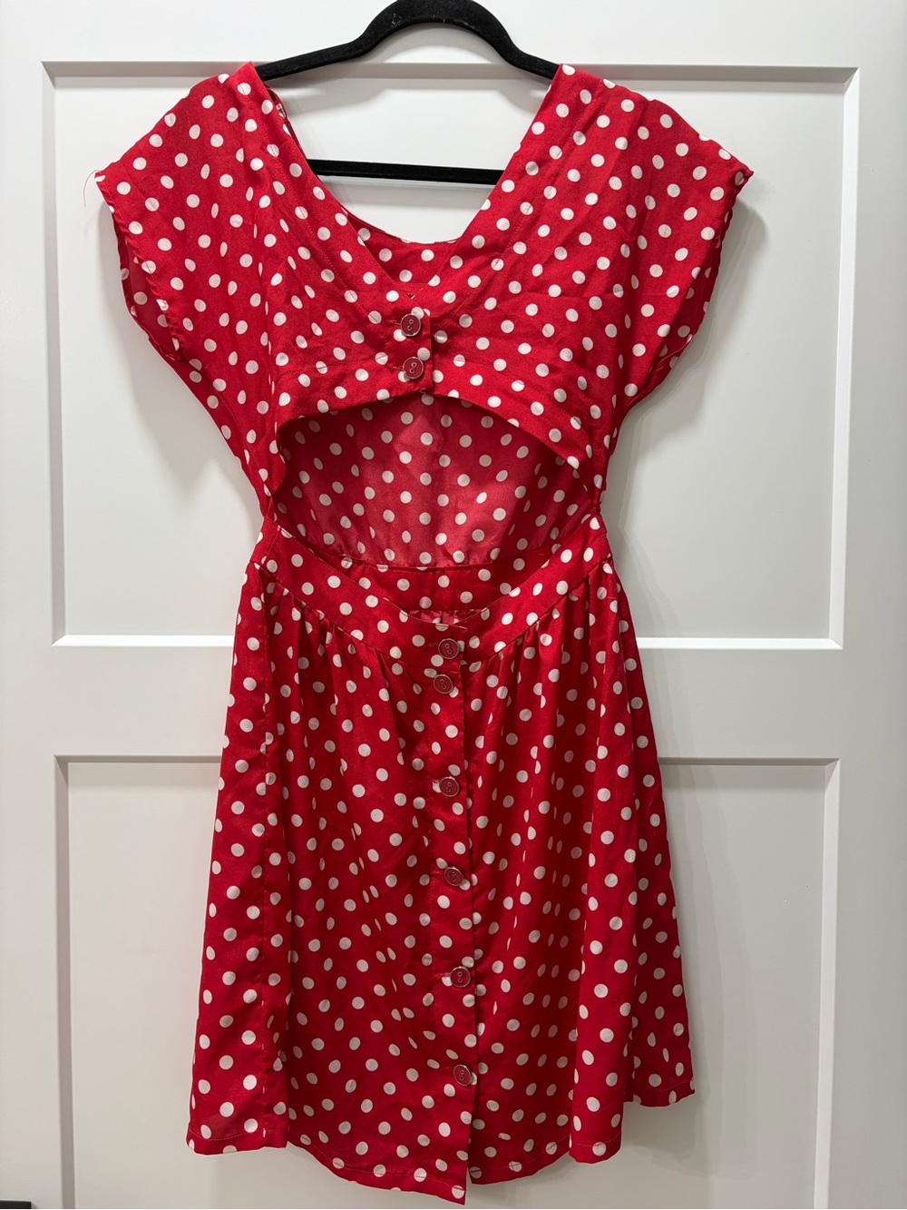 Monteau Retro Preppy Lightweight Red Polka Dot Fit & Flare Dress with Open Back - Picture 3 of 4
